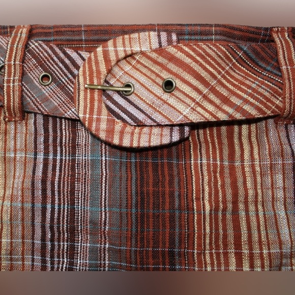 FREE PEOPLE Boho Mini Skirt Plaid Earth Tone w/ Belt Hippie Coastal Ethnic Beach - Picture 4 of 9